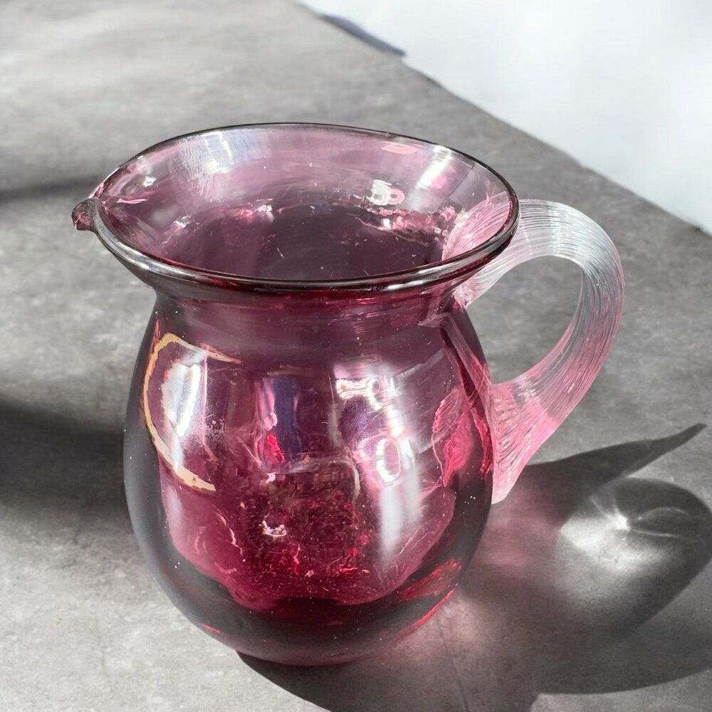 Vintage Pilgrim Glass Cranberry Small Pitcher Creamer With Clear Handle Glass